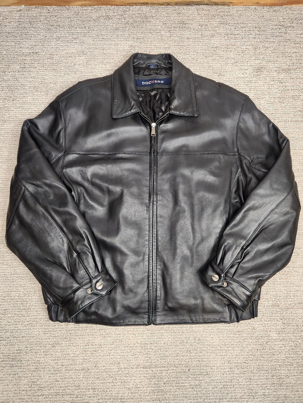 Y2K Dockers Lamb Leather Bomber Jacket Mens XL Black Aviator Classic Zip Soft